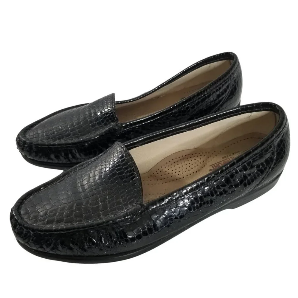 Sas Simplify Women's Black Croc Print Patent Leather Moccasin Flats Loaf… - Picture 2 of 10